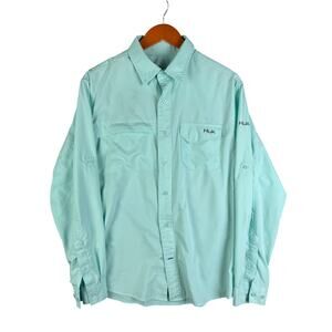 Huk Performance Tide Point Long Sleeve Woven Shirt Crystal Blue Mint Mens Medium